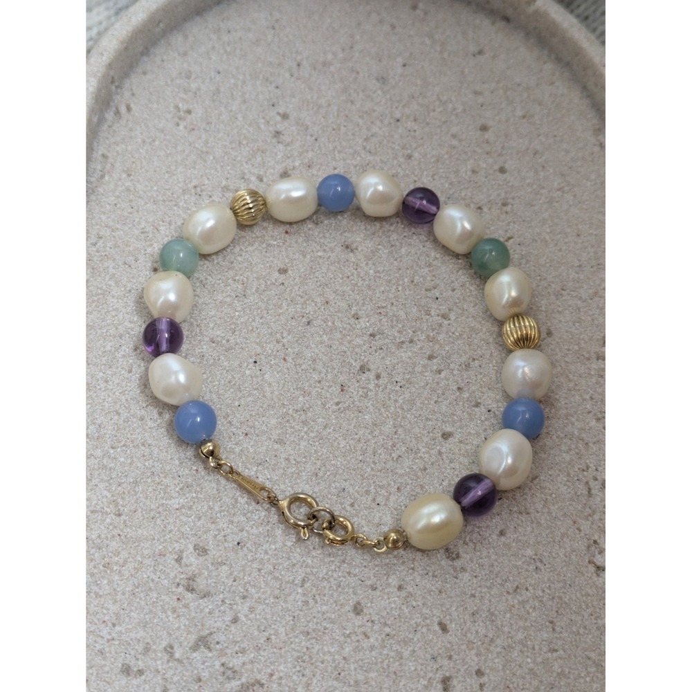 Vintage Avon Beaded Bracelet Faux Pearls Gold Tone Balls Blue Green Purple